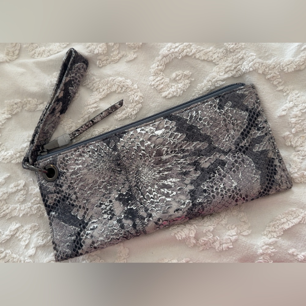 HOBO Vida Gray Snake-Print Leather Wristlet